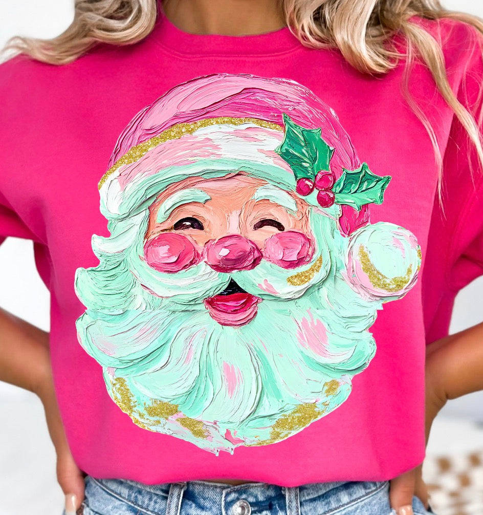 Oil Painted Pink and Mint Green Santa DTF transfer