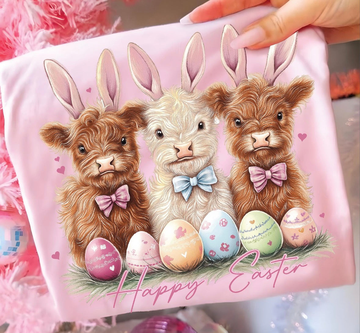 Happy Easter realistic fuzzy Highland Cows DTF TRANSFER