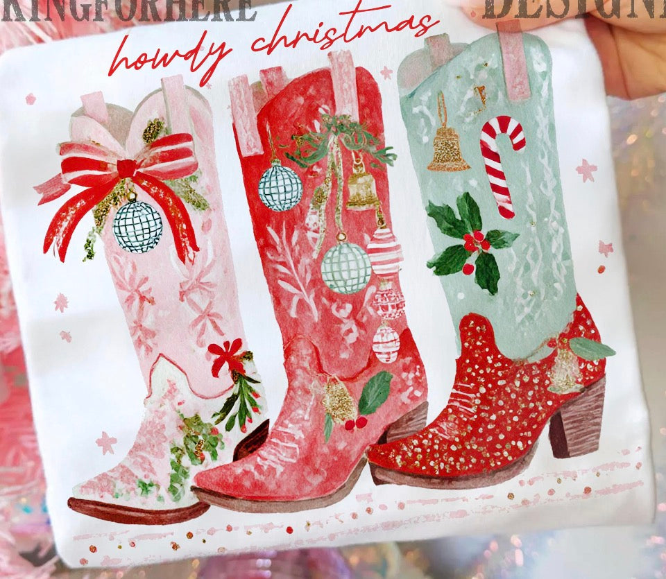 Howdy Christmas pink/green/red Cowboy Boots DTF Transfer