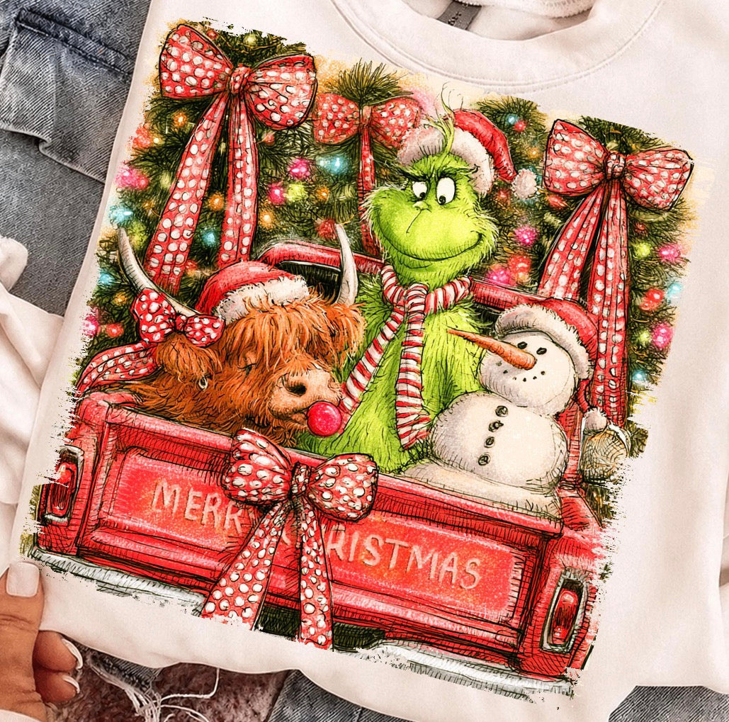 Grinch cow snowman vintage truck DTF Transfer