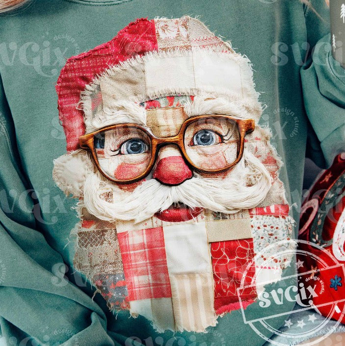Vintage Patchwork Santa with Glasses DTF transfer