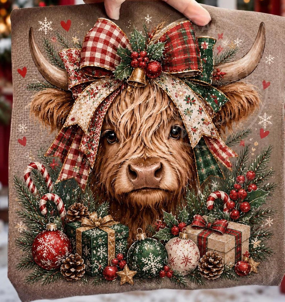 Christmas highland cow with bow Dtf Transfer