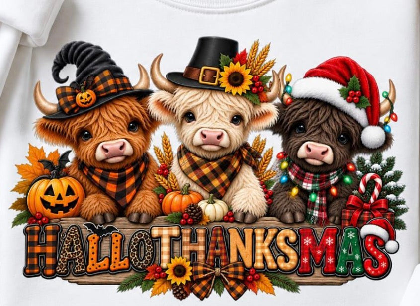 Hallothanksmas highland cow banner DTF transfer
