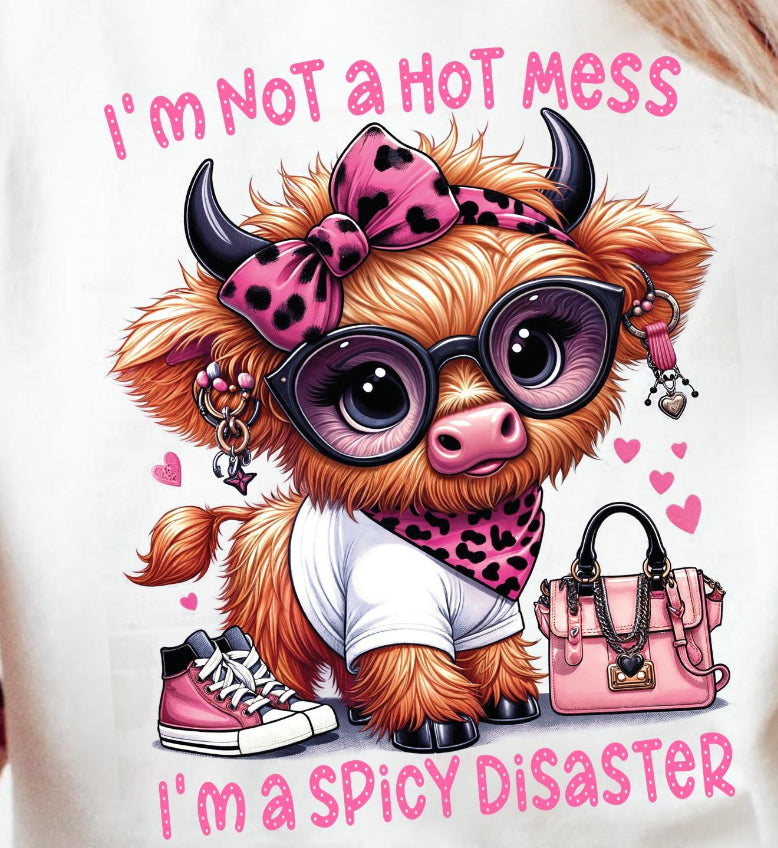 I’m not a hot mess, im a spicy disaster Highland Cow dtf transfer