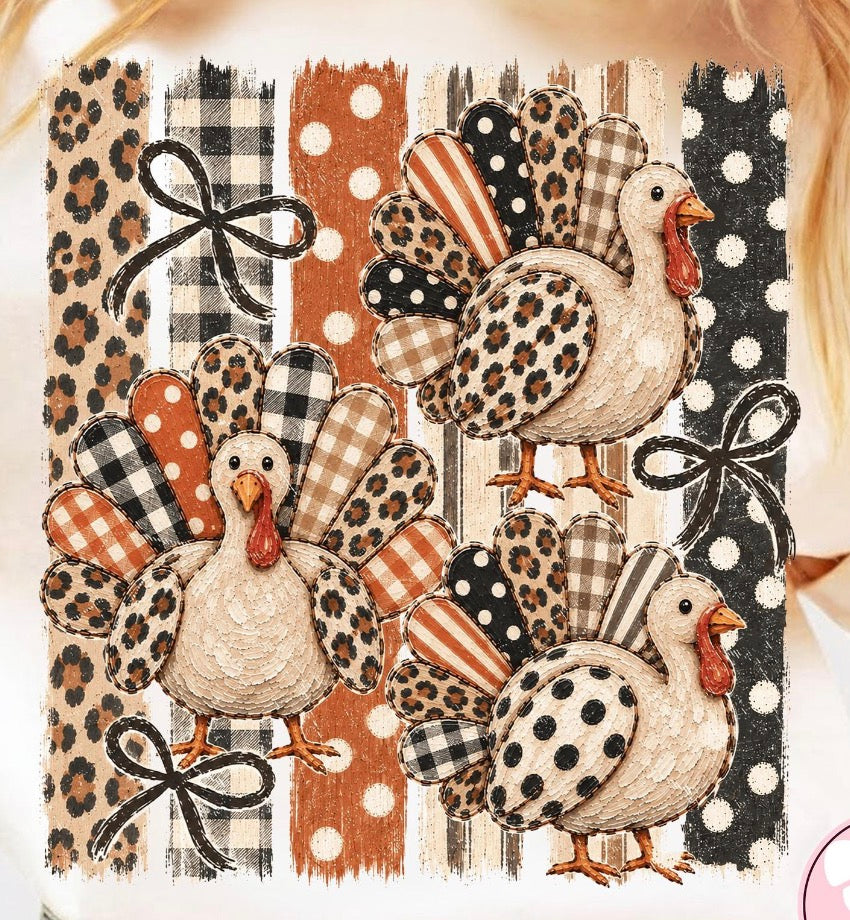 Brushstroke turkeys polka dots and bows  DTF Transfer