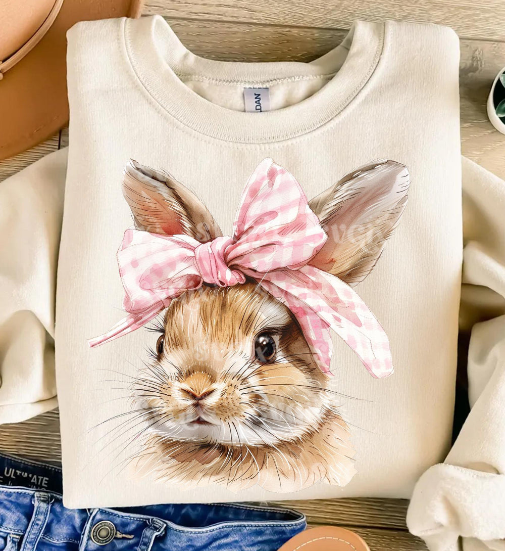 Croquette Pink Gingham bow Watercolor Easter Bunny DTF TRANSFER
