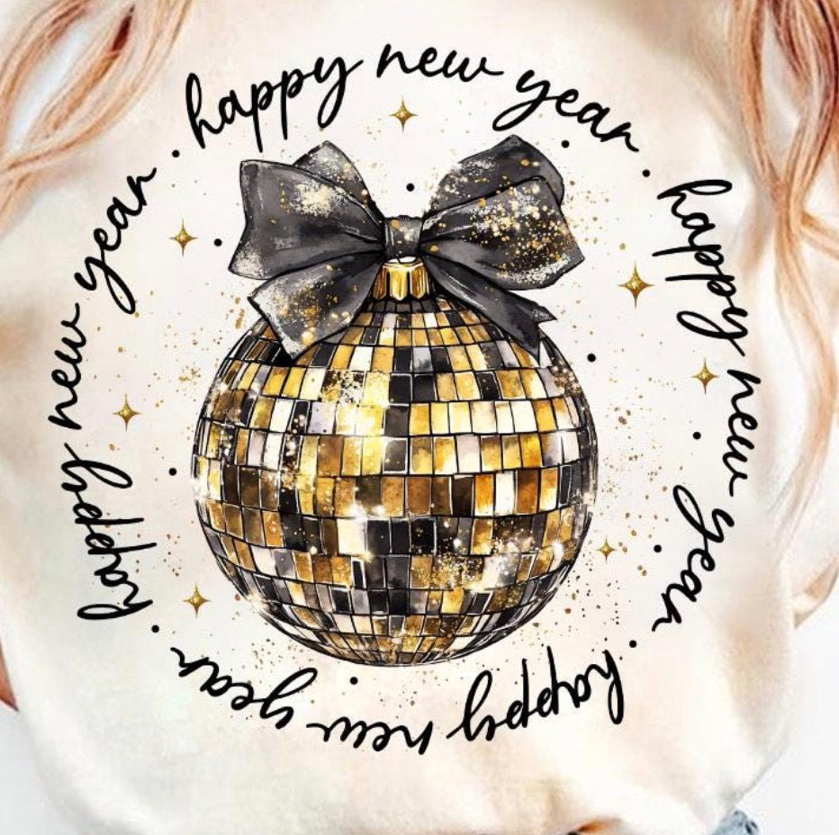 Happy New year gold disco with black bow dtf transfer
