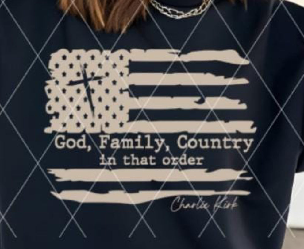 God, family, country Charlie Kirk cross DTF Transfer