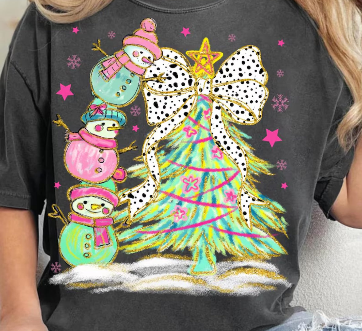 Stacked Snowmen Croquette Bow  Lilly Tree DTF Transfer