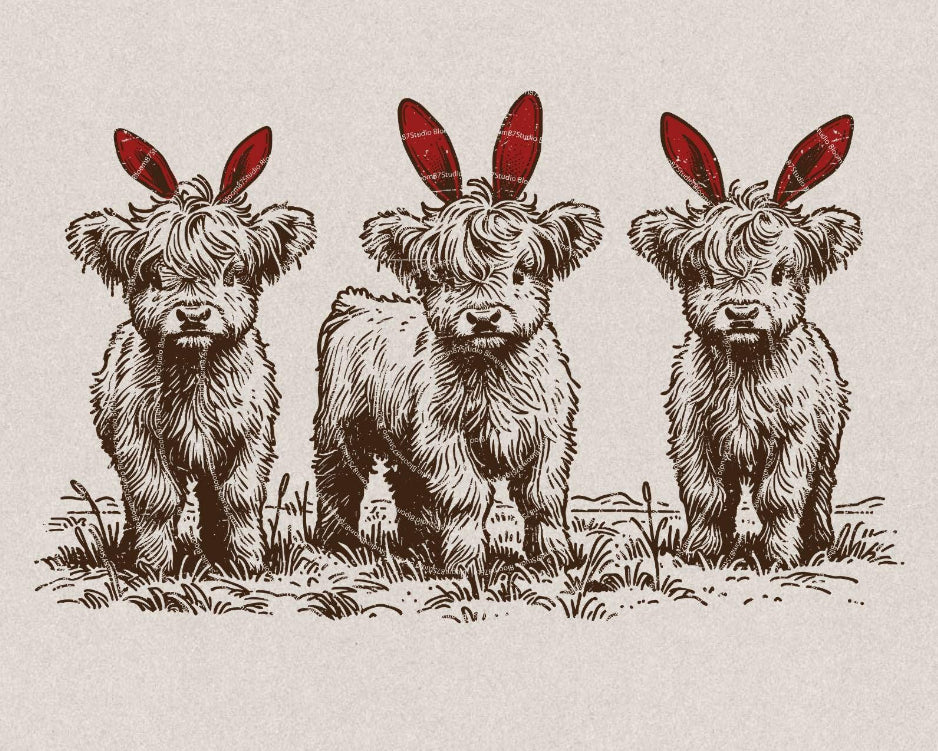 Easter Bunny Red Ears Highland Cow Trio DTF Transfer