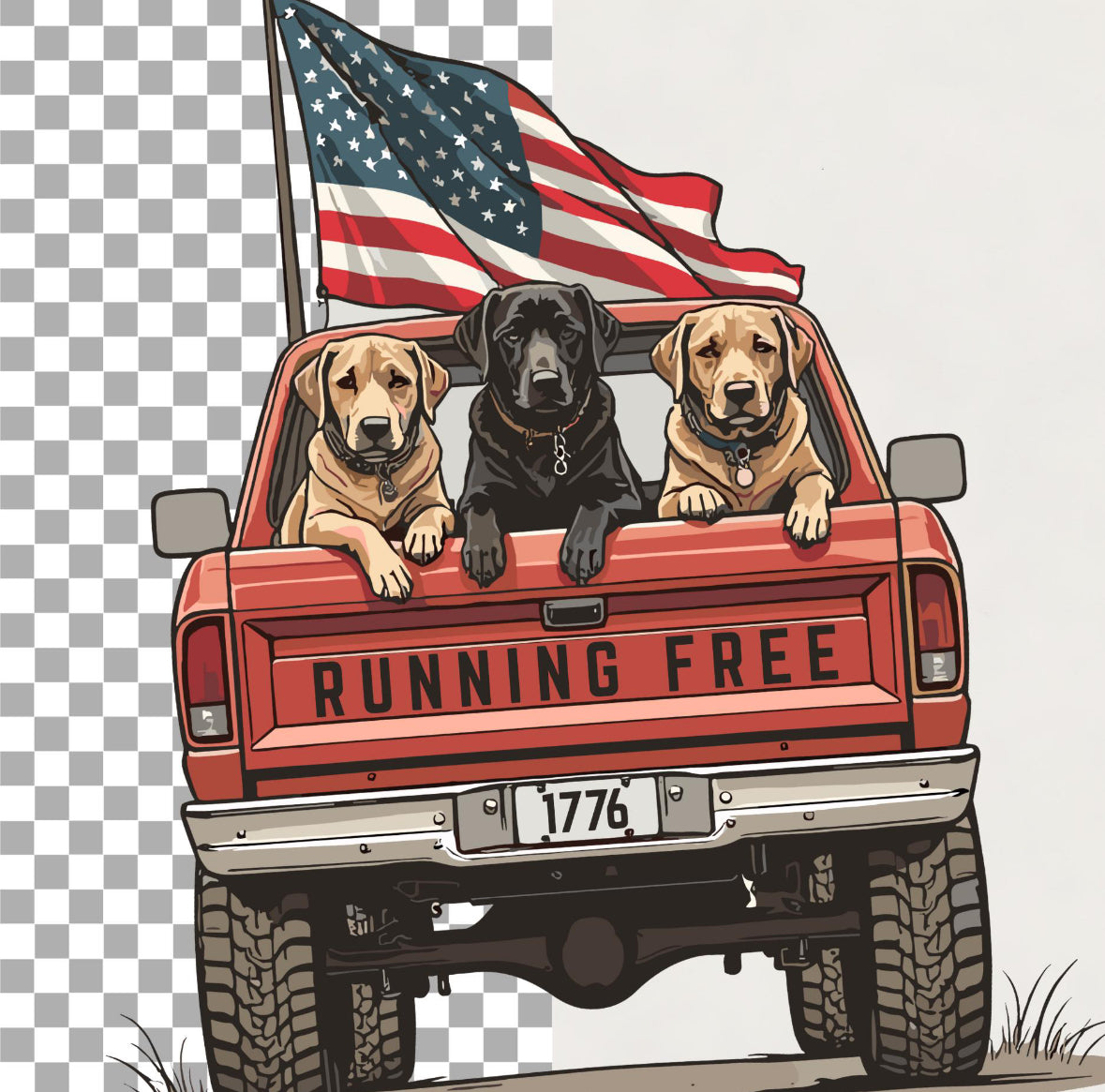 Running Free dogs in pickup truck DTF Transfer