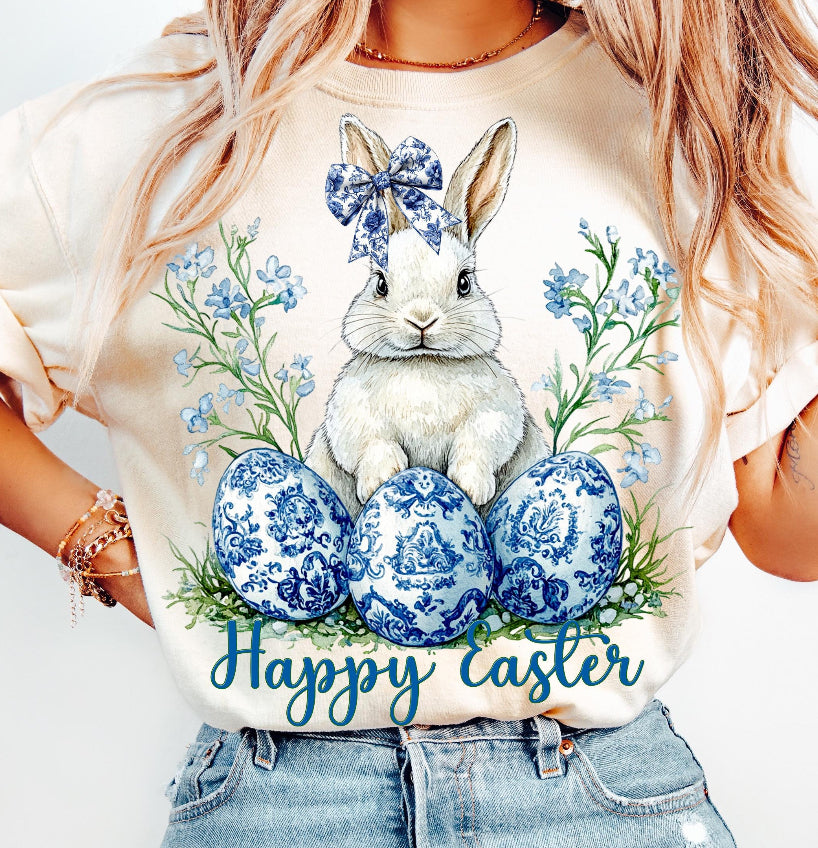 Happy Easter Blue Floral Bunny DTF TRANSFER