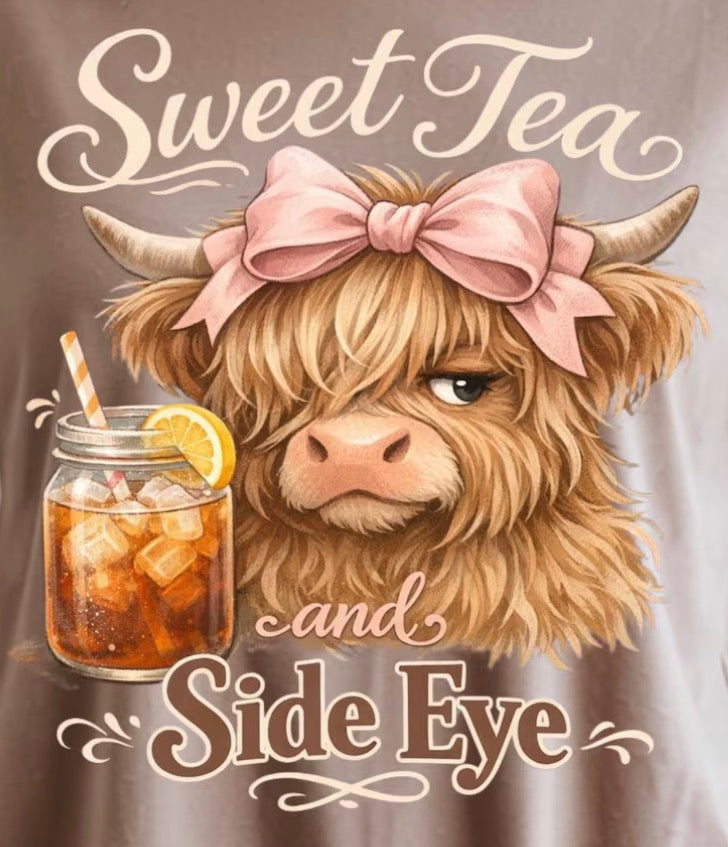 Sweet tea and side eye highland cow DTF transfer