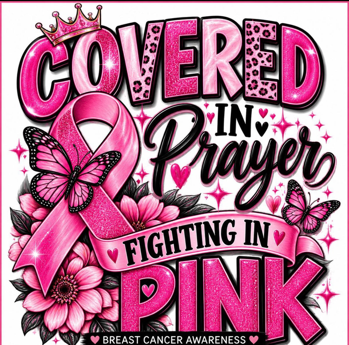 Covered in prayer fighting in pink DTF transfer