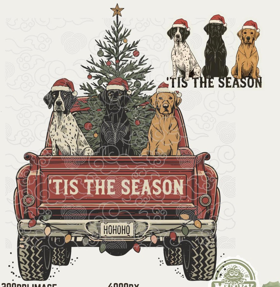 Tis the season Dogs in old truck Christmas DTF Transfer with left chest print