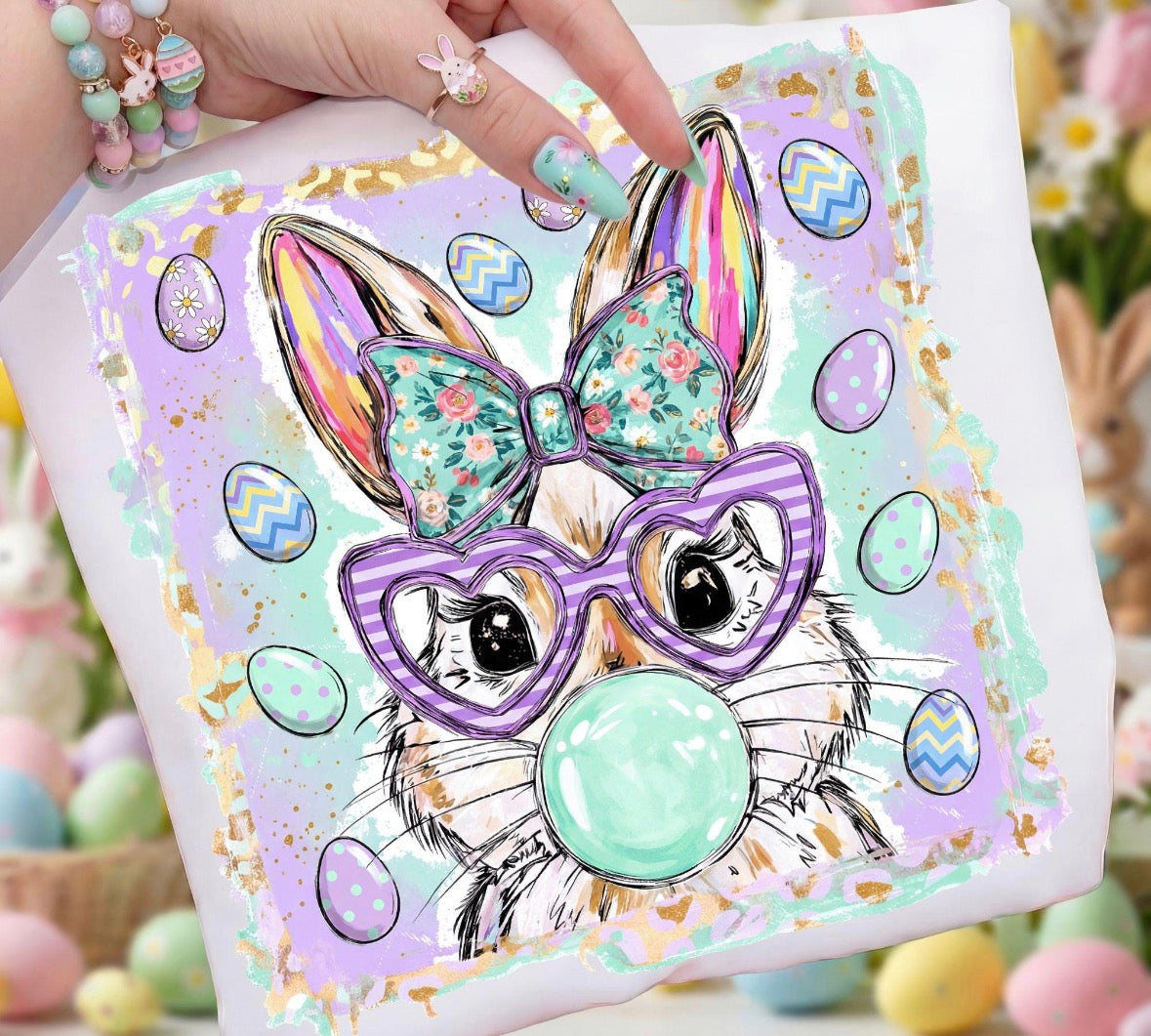 Cute Easter Bunny eggs/glasses/painted DTF TRANSFER