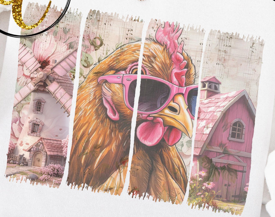 Cute Pink Chicken-Barn-Windmill DTF transfer