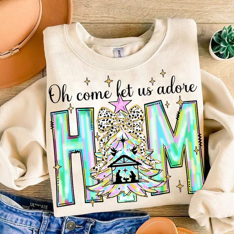 Oh Come Let Us Adore Him Teal/pink Brushstrokes with Croquette bow DTF Transfer