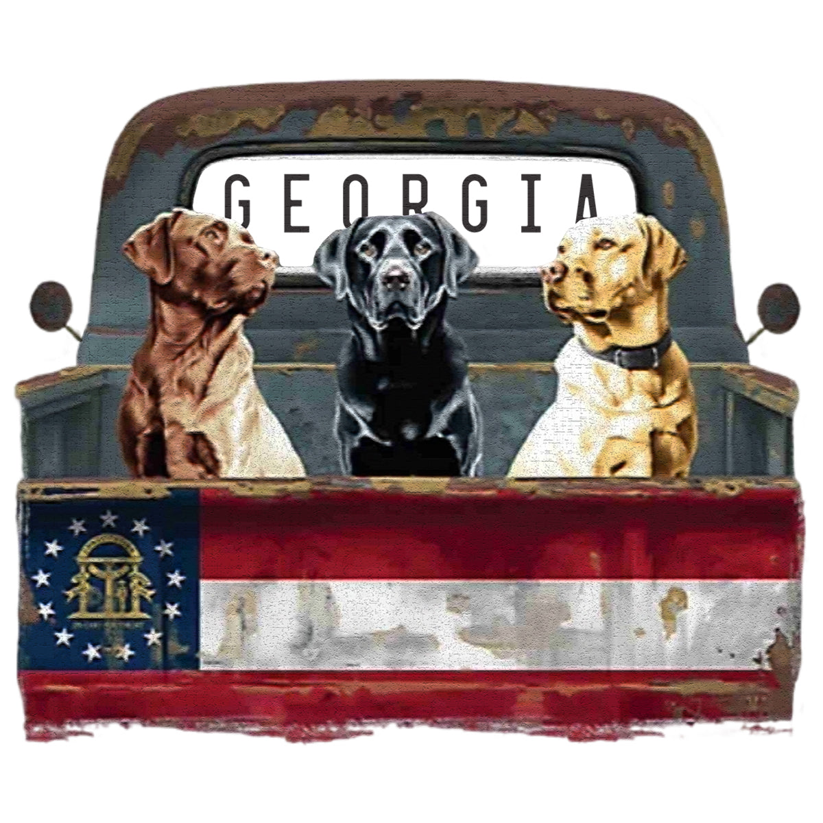 Georgia State Flag Dogs in Truck DTF TRANSFER