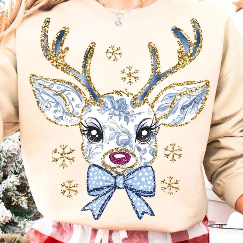 Blue Glitter Reindeer DTF transfer