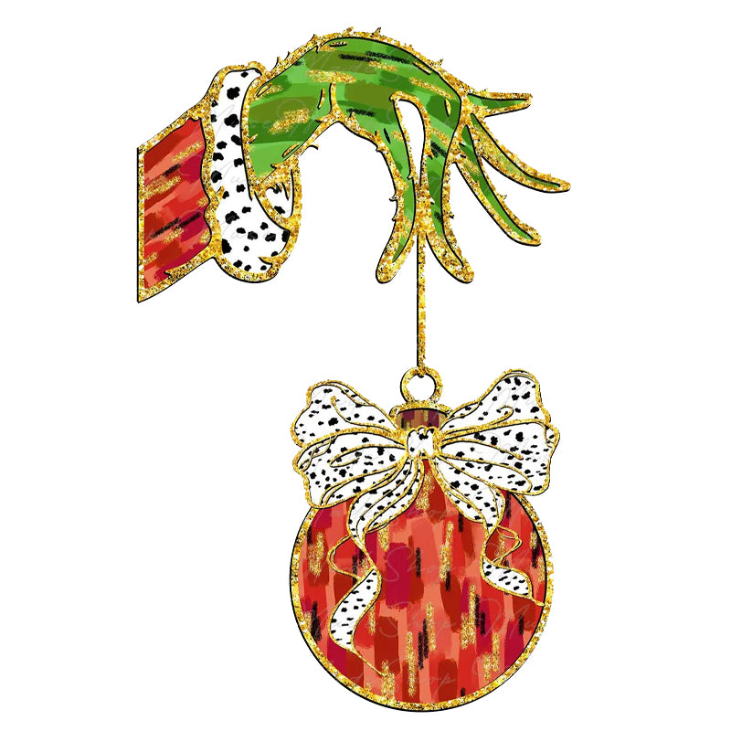 Grinch hand and Ornament watercolor Christmas DTF transfer