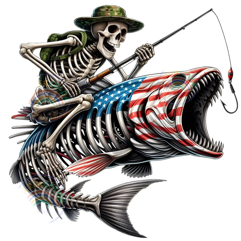 Fishing Skeleton American Flag and Camo DTF Transfer