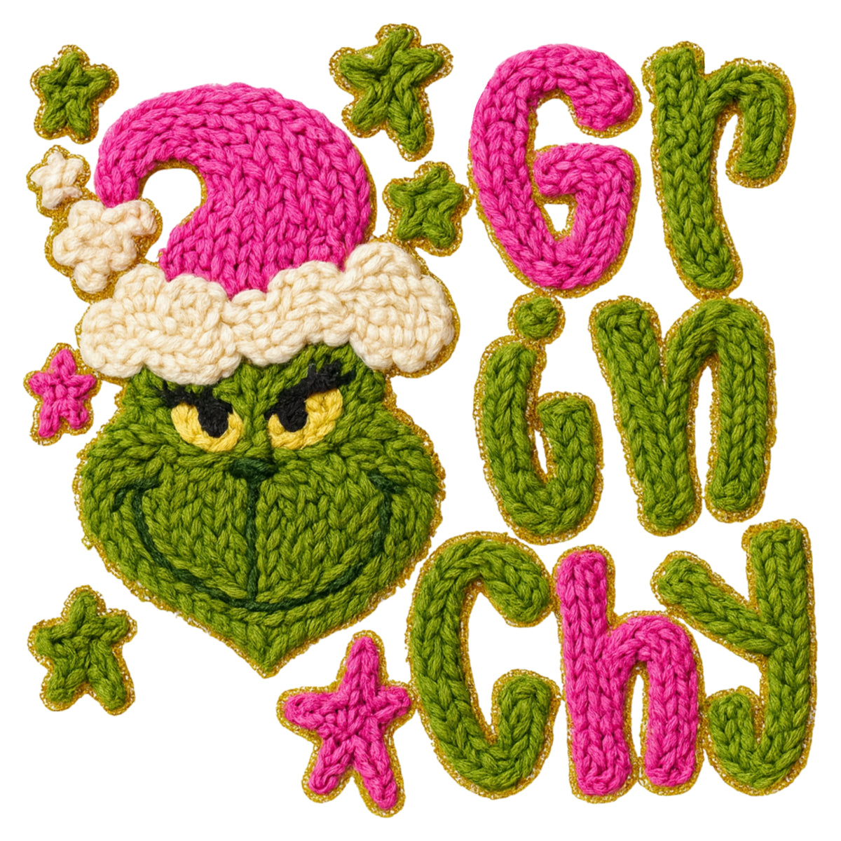 Grinchy Pink and Green Crochet DTF transfer