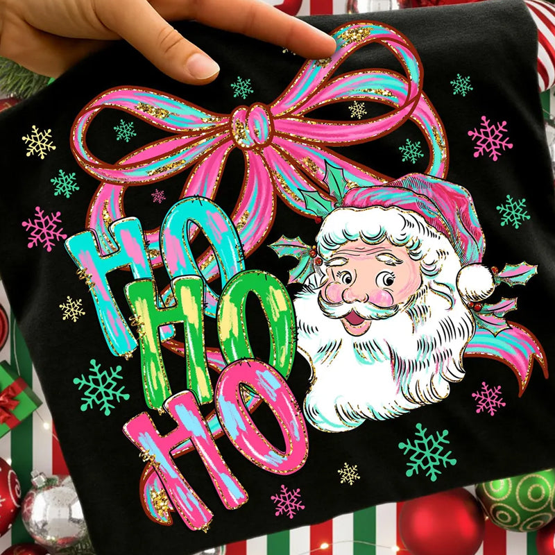 HO HO HO Santa Watercolor Big Bow DTF Transfer
