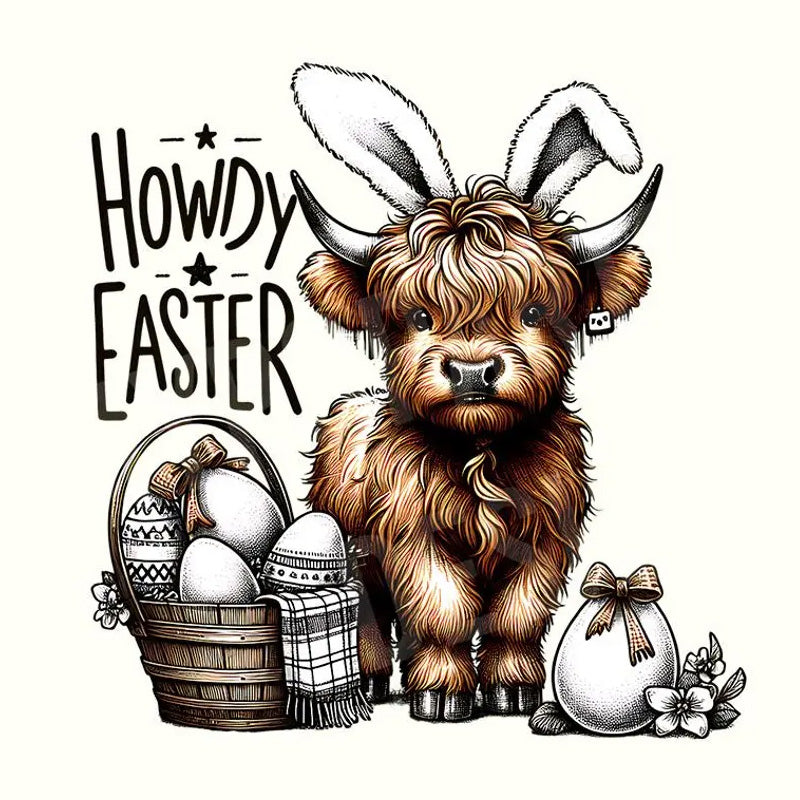 Howdy Easter White/Black Highland Cow DTF Transfer