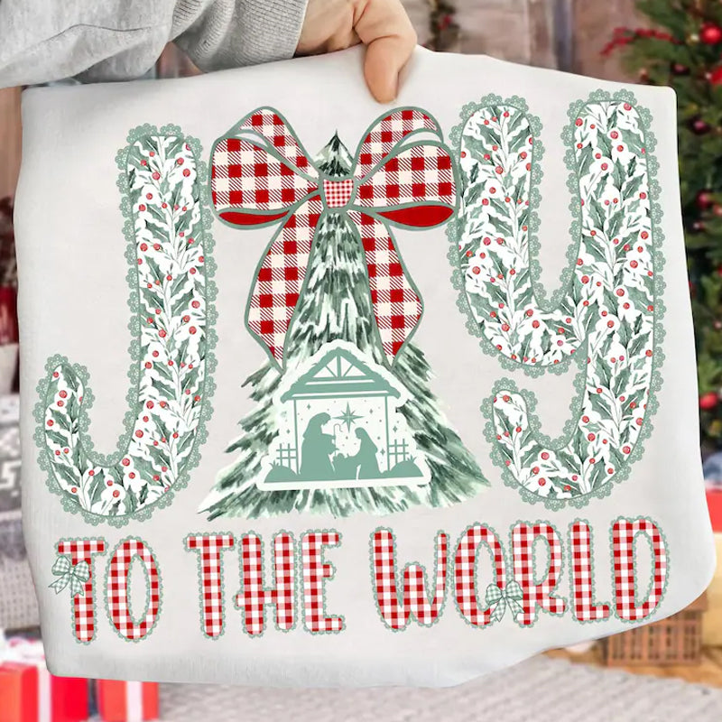 Joy to the World Christmas Tree Gingham bow DTF transfer
