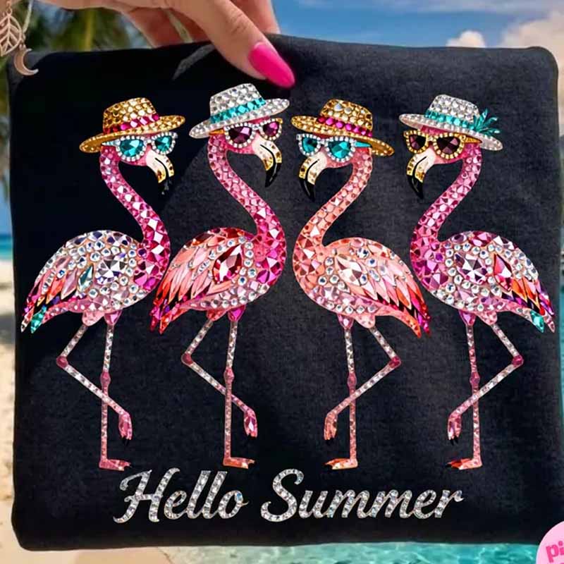 Hello Summer Sparkly Flamingo dtf transfer